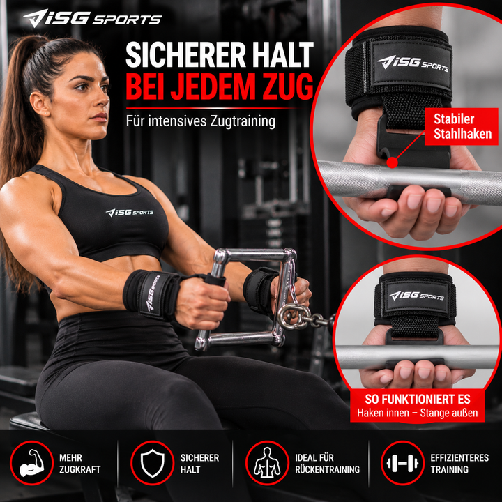 ISG sports Lifting Hooks Schwarz – Premium Hebehaken aus Stahl mit gepolsterten Handgelenkriemen – Griffhilfe für Kreuzheben, Rudern, Klimmzüge &amp; Krafttraining