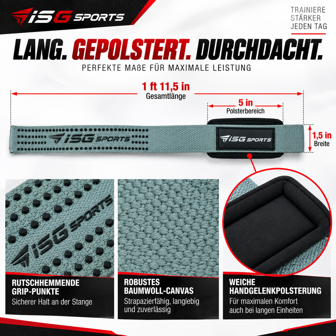 ISG Sports Lifting Straps Grau – Gel-Dotted Baumwoll-Handgelenkstraps für Deadlifts, Rows &amp; Zugübungen