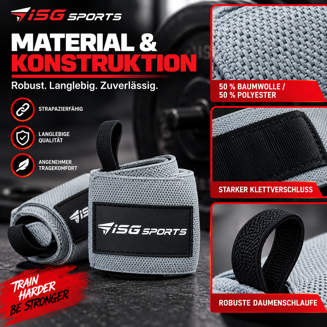ISG Sports Heavy-Duty Wrist Wraps Grau Handgelenkbandagen mit Daumenschlaufe &amp; Klettverschluss für maximale Unterstützung Kompression &amp; Schutz bei schweren Lifts