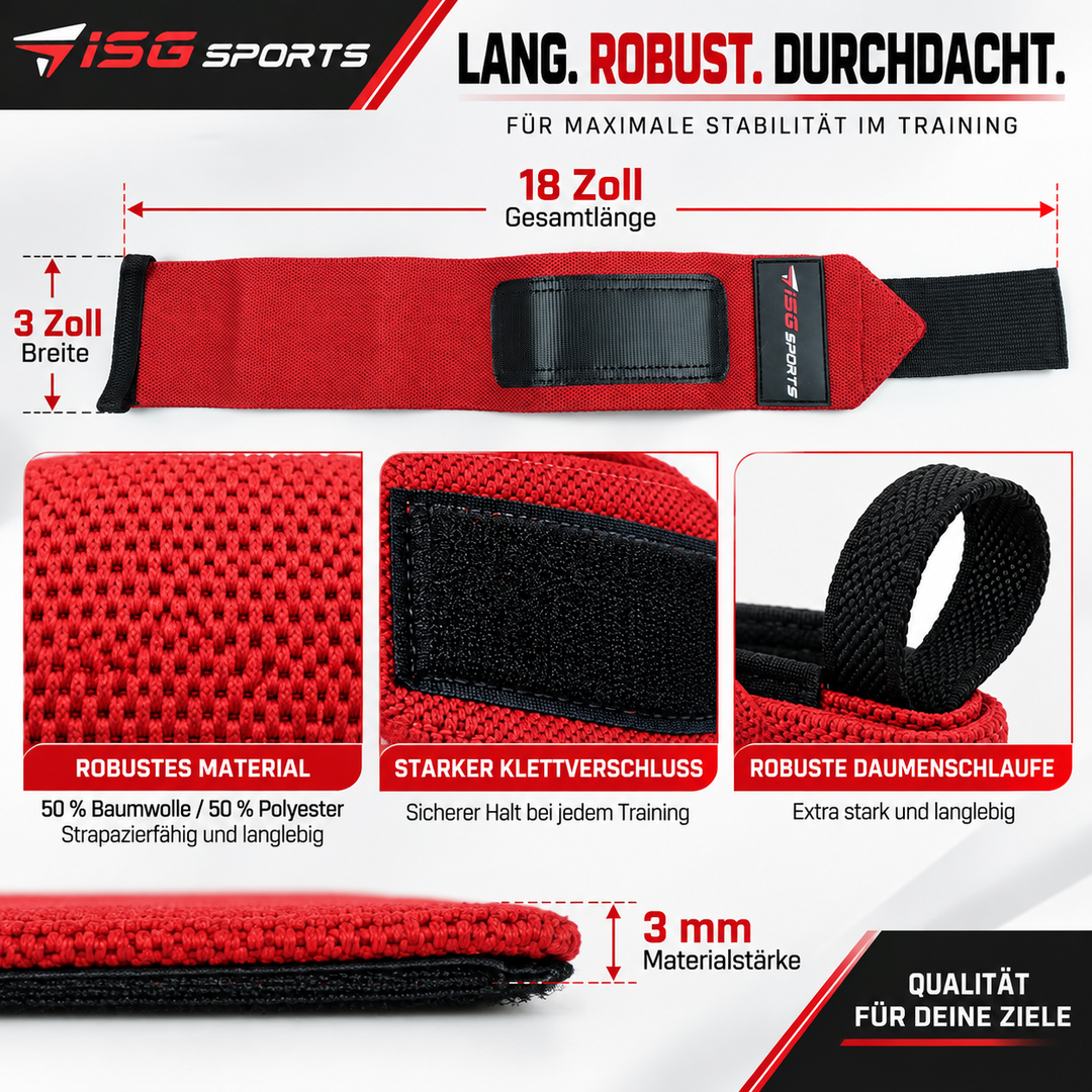 ISG Sports Heavy-Duty Wrist Wraps Rot Handgelenkbandagen mit Daumenschlaufe &amp; Klettverschluss für maximale Unterstützung