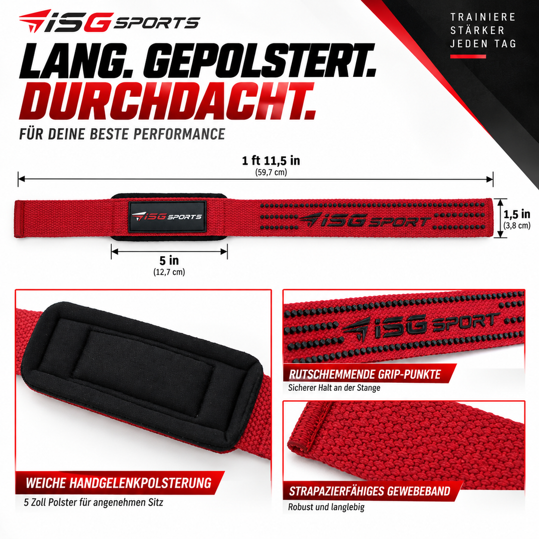 ISG Sports Lifting Straps Rot Handgelenkstraps mit Grip-Punkten für Deadlifts, Rows &amp; Zugübungen Komfort &amp; maximale Leistung