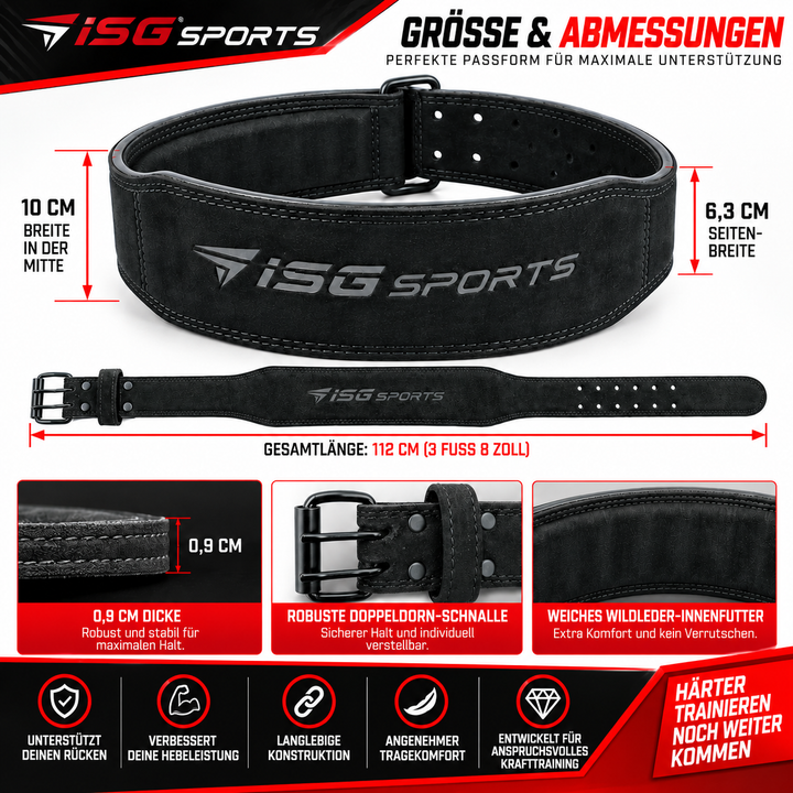 ISG Sports Einfach-Dorn Leder Hebegürtel – 4" Breit Premium Leder – Robust &amp; Langlebig für Powerlifting, Kniebeugen &amp; Kreuzheben