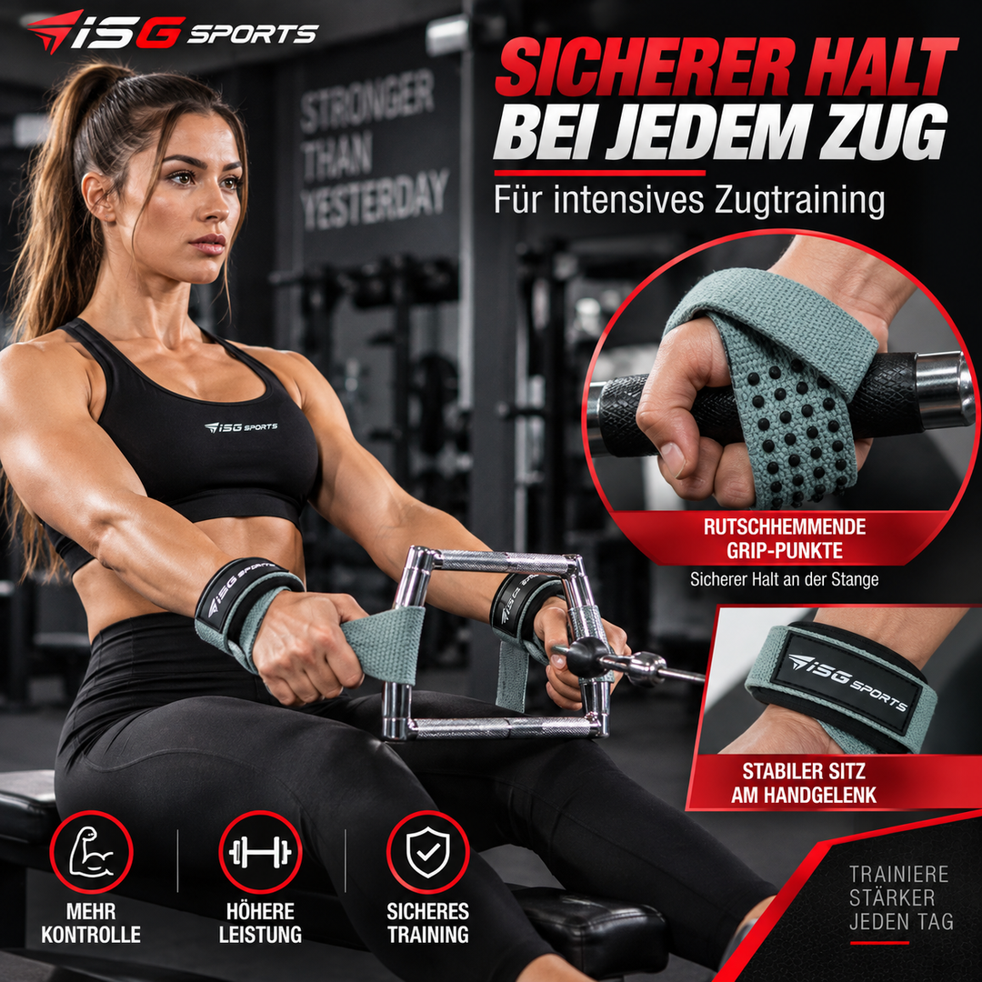 ISG Sports Lifting Straps Grau – Gel-Dotted Baumwoll-Handgelenkstraps für Deadlifts, Rows &amp; Zugübungen