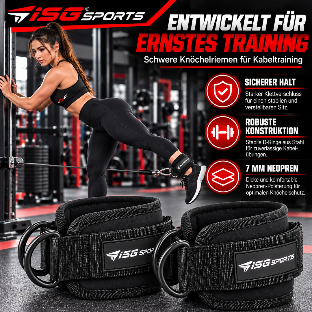 ISG Sports Schwarz Ankle Straps 7 mm Neopren, 27,94 cm Länge,Doppelte Stahl D-Ringe, Klettverschluss  Für Cross Training &amp; Beinpresse