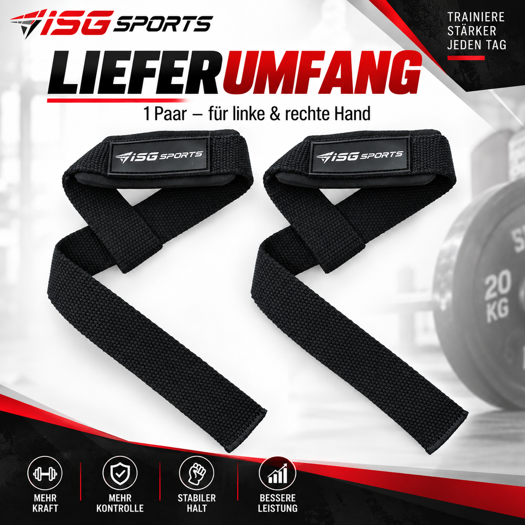 ISG Sports Lifting Straps Schwarz Handgelenkstraps mit 5 Zoll Polsterung für Deadlifts, Rows &amp; Zugübungen maximalen Halt &amp; Komfort