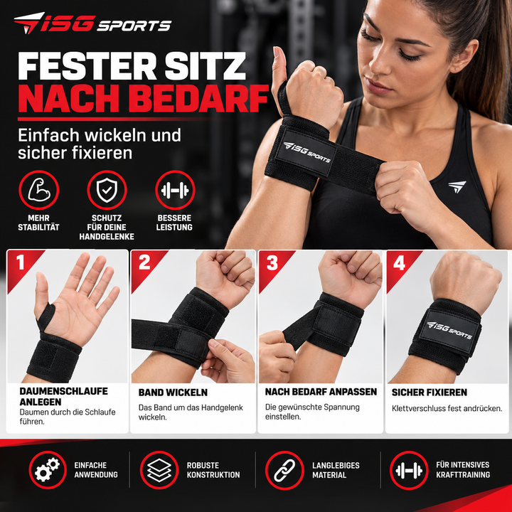 ISG Sports Heavy-Duty Wrist Wraps Schwarz Handgelenkbandagen mit Daumenschlaufe &amp; Klettverschluss für maximale Unterstützung
