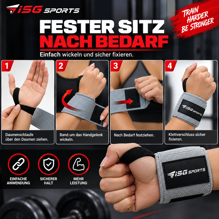 ISG Sports Heavy-Duty Wrist Wraps Grau Handgelenkbandagen mit Daumenschlaufe &amp; Klettverschluss für maximale Unterstützung Kompression &amp; Schutz bei schweren Lifts