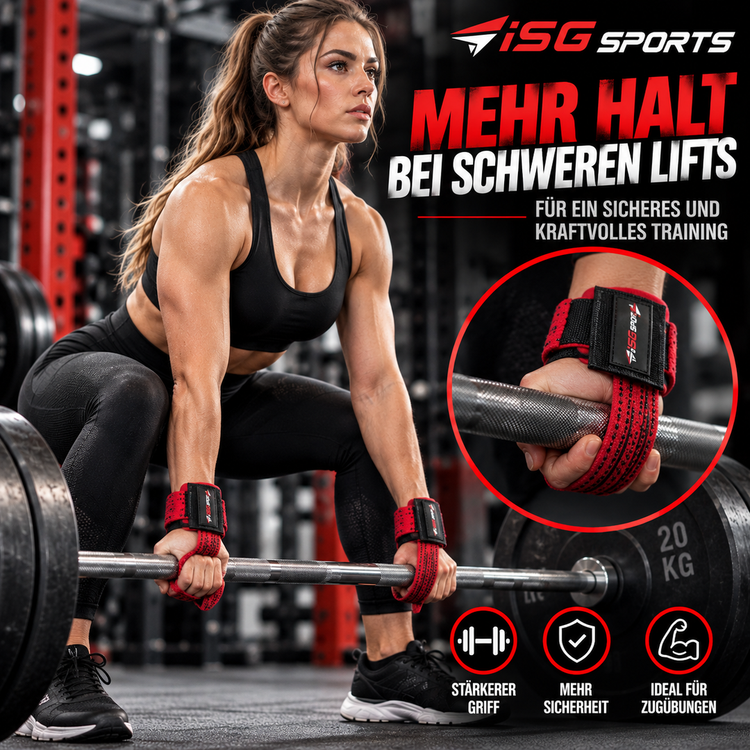 ISG Sports Non-Slip Weightlifting Wrist Straps in Rot Robustes Baumwollband &amp; starke Stahl-Schnalle Non-Slip Handgelenkstraps mit 7 mm Neopren