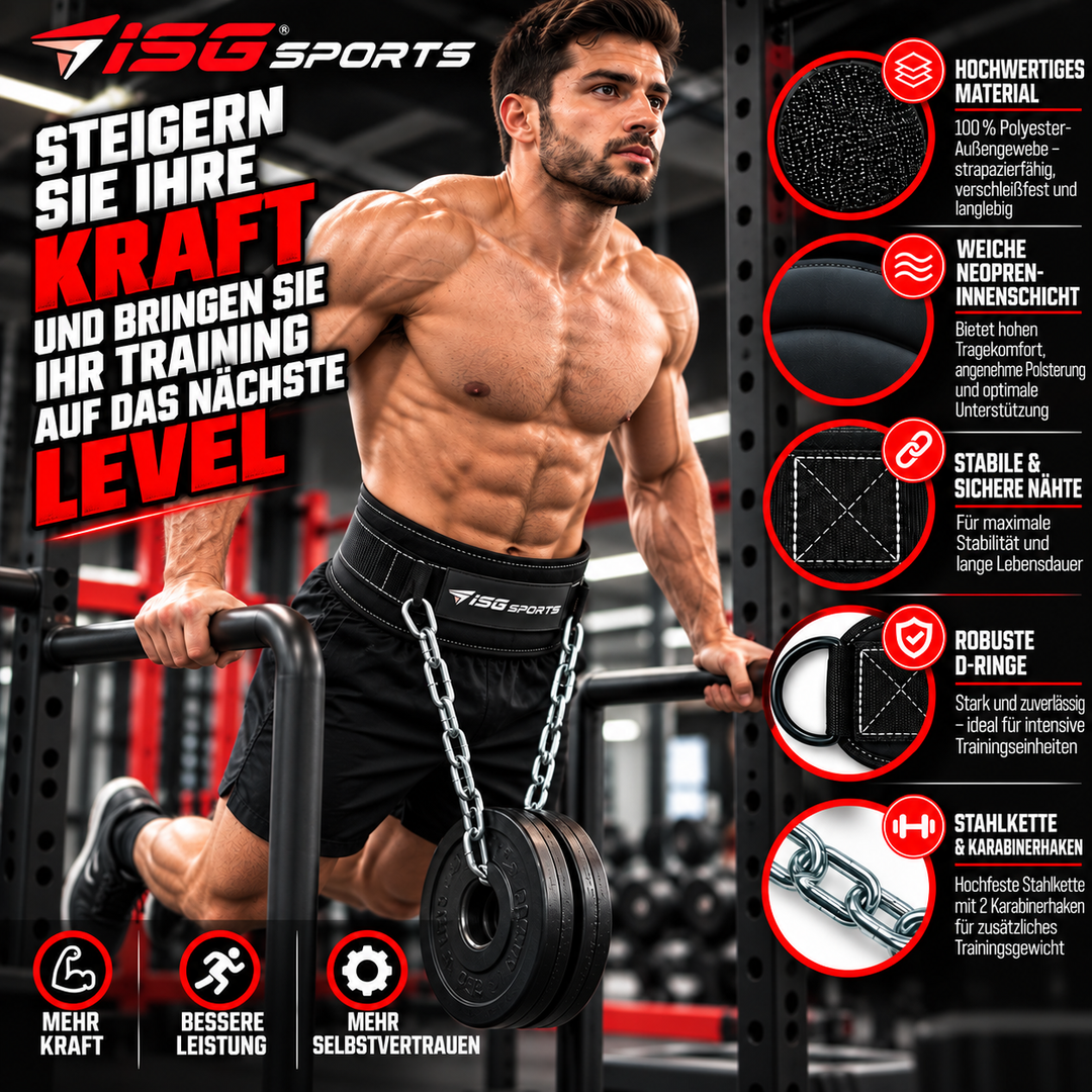 ISG Sports Dip Gürtel – 84 cm Länge, 10 cm Seitenbreite 100 % Polyester, Neopren, Stahlkette 80 cm &amp; 2 Karabiner – Für Dips &amp; Klimmzüge
