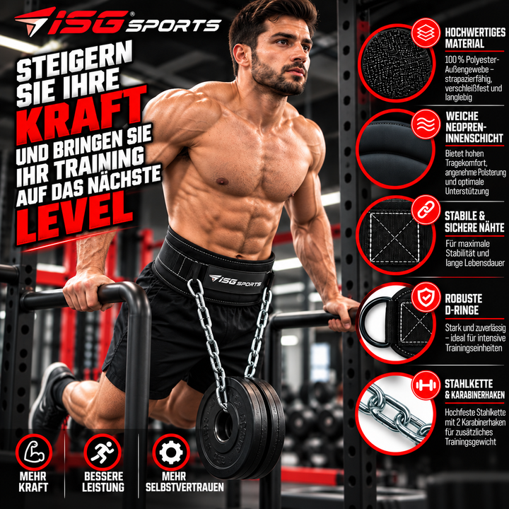 ISG Sports Dip Gürtel – 84 cm Länge, 10 cm Seitenbreite 100 % Polyester, Neopren, Stahlkette 80 cm &amp; 2 Karabiner – Für Dips &amp; Klimmzüge