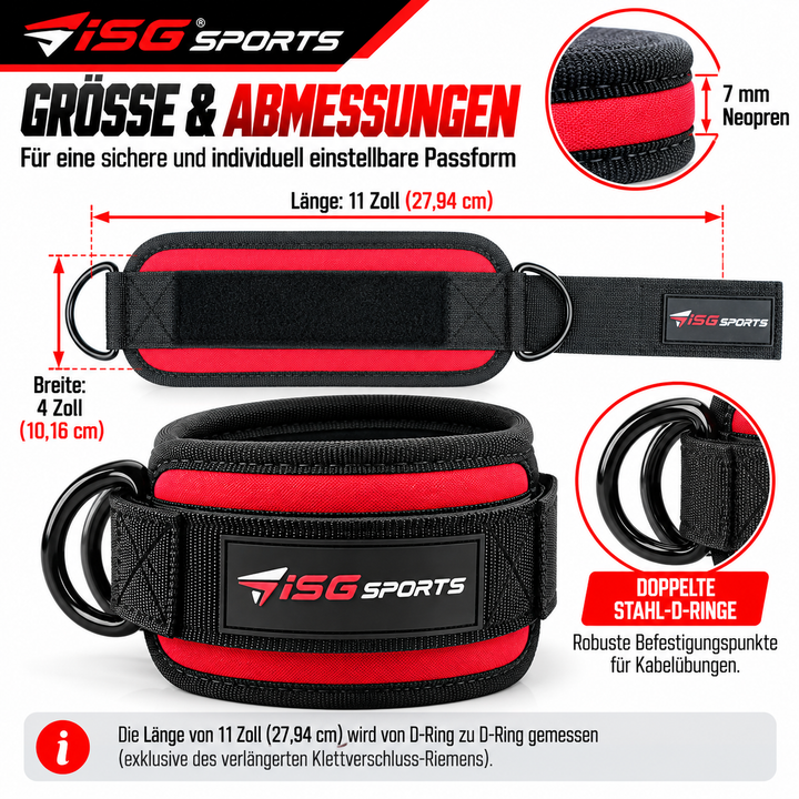ISG Sports Rote Knöchel Straps 7mm Neopren 27,94 cm Länge, Doppelte Stahl-D-Ringe &amp; Klettverschluss Perfekt Für Glute Kickbacks, Hip Abductions &amp; Cable Leg Exercises Kniebeugen