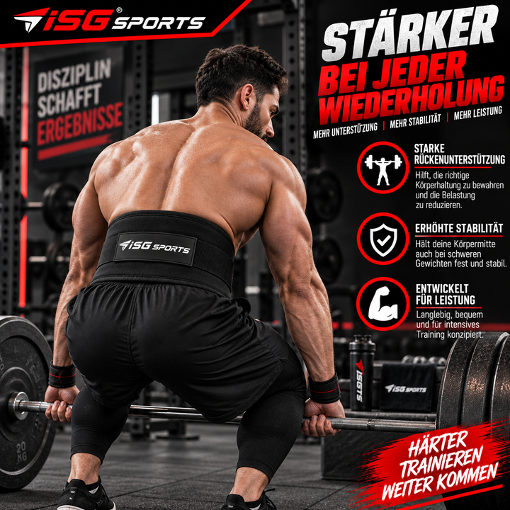 ISG Sports Premium Schwarz Weightlifting Belt 100 % Polyester &amp; Neopren – 94 cm Länge, 16 cm Rückenbreite Klettverschluss Für Powerlifting, CrossFit &amp; Krafttraining
