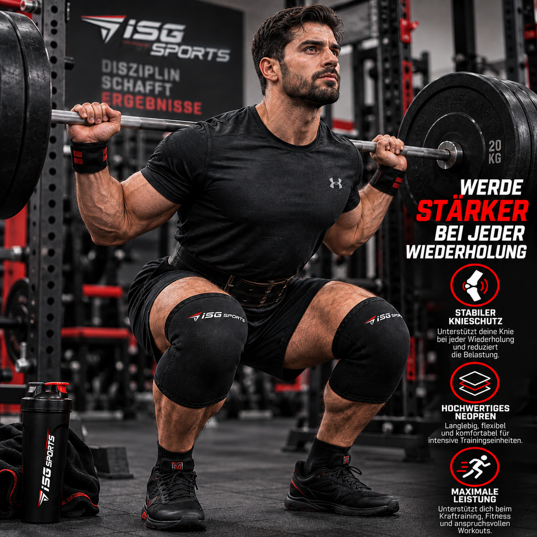 ISG Sports Premium Schwarz  Knieschoner 7 mm Neopren Größe L 30 cm Länge,470 g pro Paar Für Gewichtheben &amp; Krafttraining