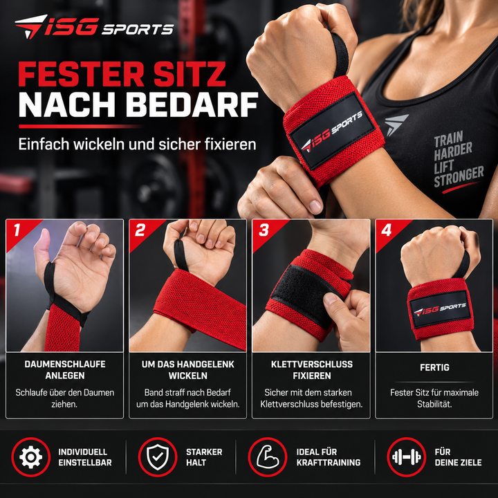 ISG Sports Heavy-Duty Wrist Wraps Rot Handgelenkbandagen mit Daumenschlaufe &amp; Klettverschluss für maximale Unterstützung