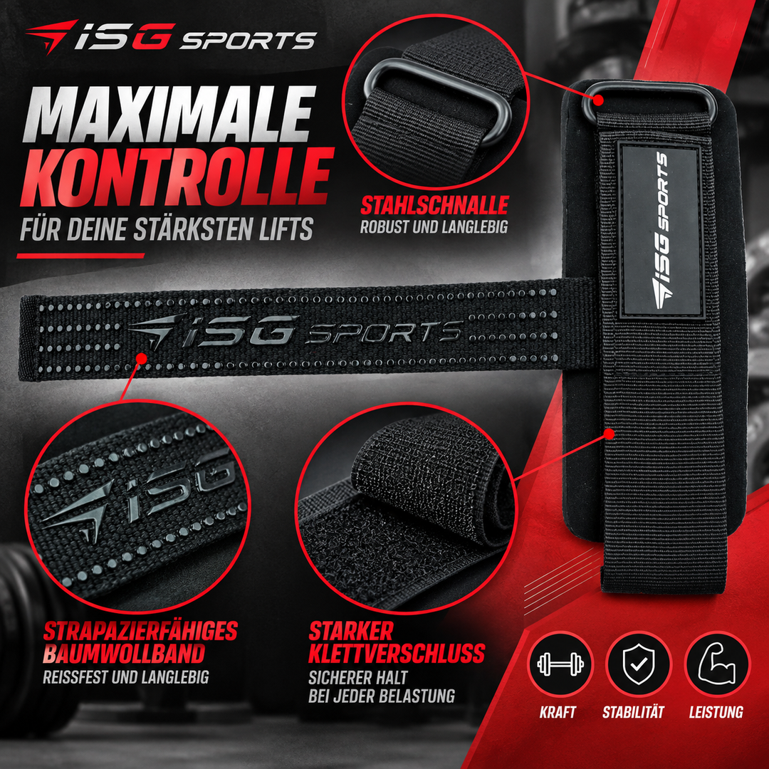 ISG Sports Weightlifting Straps Schwarz Non-Slip Handgelenkstraps mit Stahlschnalle &amp; 7 mm Polsterung maximale Kontrolle
