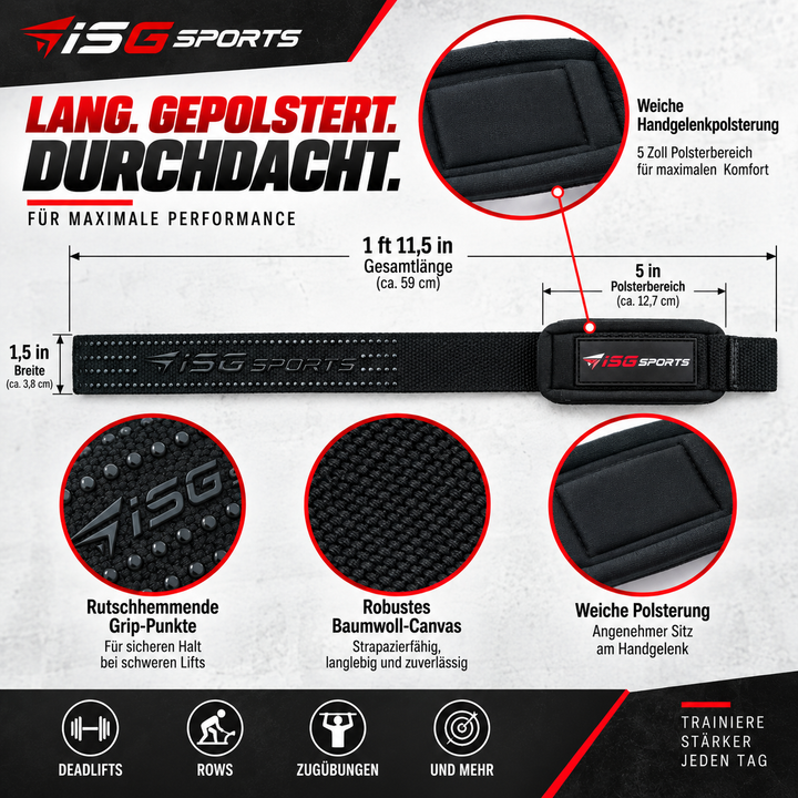 ISG Sports Lifting Straps Schwarz Gel-Dotted Baumwoll-Handgelenkstraps für Deadlifts, Rows &amp; Zugübungen Stabilität &amp; Komfort