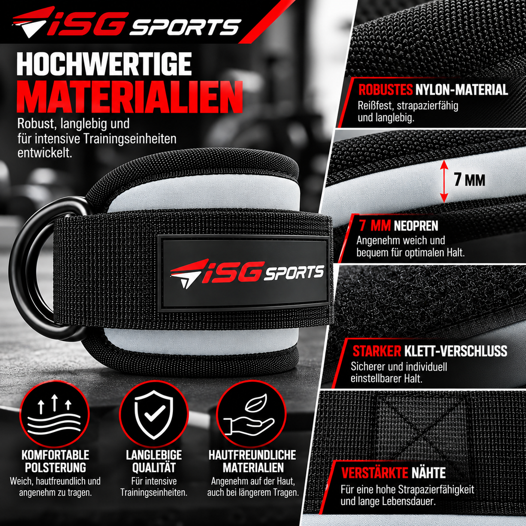 ISG Sports Graue Knöchel Straps 7 mm Neopren 28 cm Länge,Robuste Stahl D-Ringe &amp; Klettverschluss  Für Beintraining, Po-Straffung &amp; Kabelübungen