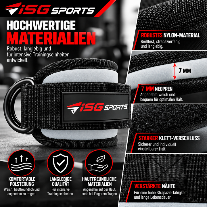 ISG Sports Graue Knöchel Straps 7 mm Neopren 28 cm Länge,Robuste Stahl D-Ringe &amp; Klettverschluss  Für Beintraining, Po-Straffung &amp; Kabelübungen