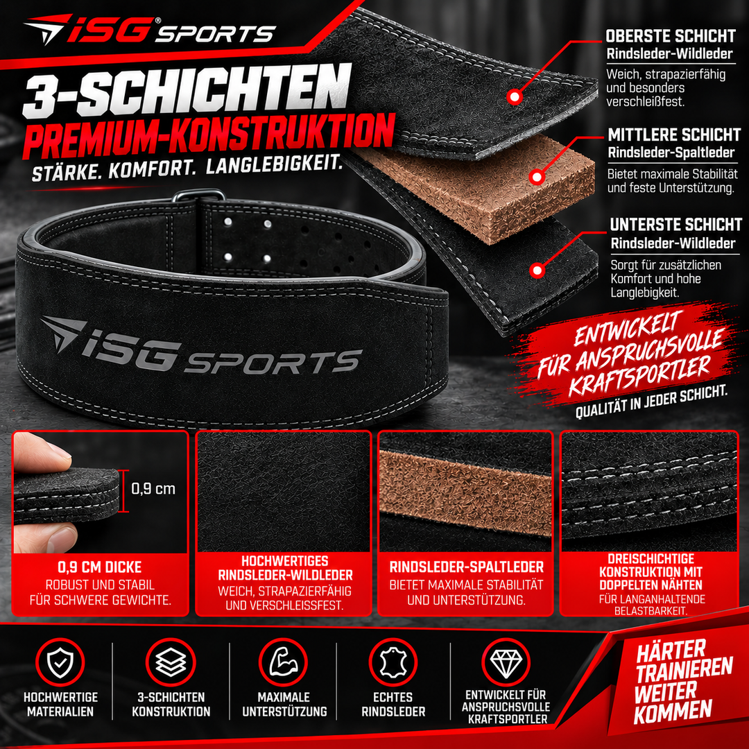 ISG Sports Einfach-Dorn Leder Hebegürtel – 4" Breit Premium Leder – Robust &amp; Langlebig für Powerlifting, Kniebeugen &amp; Kreuzheben