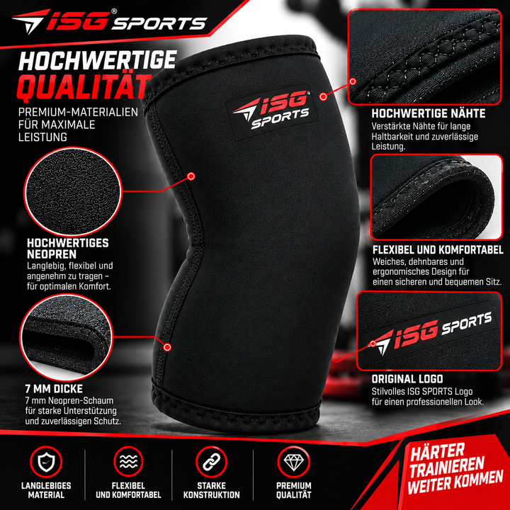 ISG Sports Premium Schwarz  Knieschoner 7 mm Neopren Größe L 30 cm Länge,470 g pro Paar Für Gewichtheben &amp; Krafttraining