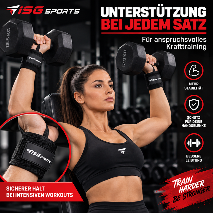 ISG Sports Heavy-Duty Wrist Wraps Schwarz Handgelenkbandagen mit Daumenschlaufe &amp; Klettverschluss für maximale Unterstützung