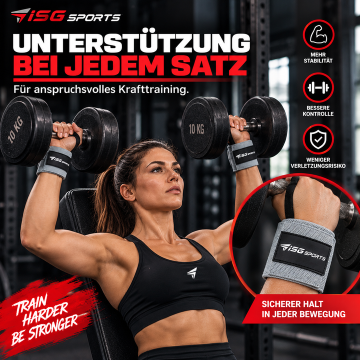ISG Sports Heavy-Duty Wrist Wraps Grau Handgelenkbandagen mit Daumenschlaufe &amp; Klettverschluss für maximale Unterstützung Kompression &amp; Schutz bei schweren Lifts