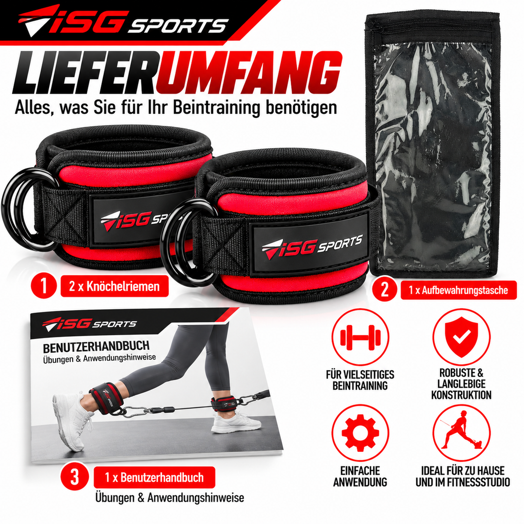 ISG Sports Rote Knöchel Straps 7mm Neopren 27,94 cm Länge, Doppelte Stahl-D-Ringe &amp; Klettverschluss Perfekt Für Glute Kickbacks, Hip Abductions &amp; Cable Leg Exercises Kniebeugen