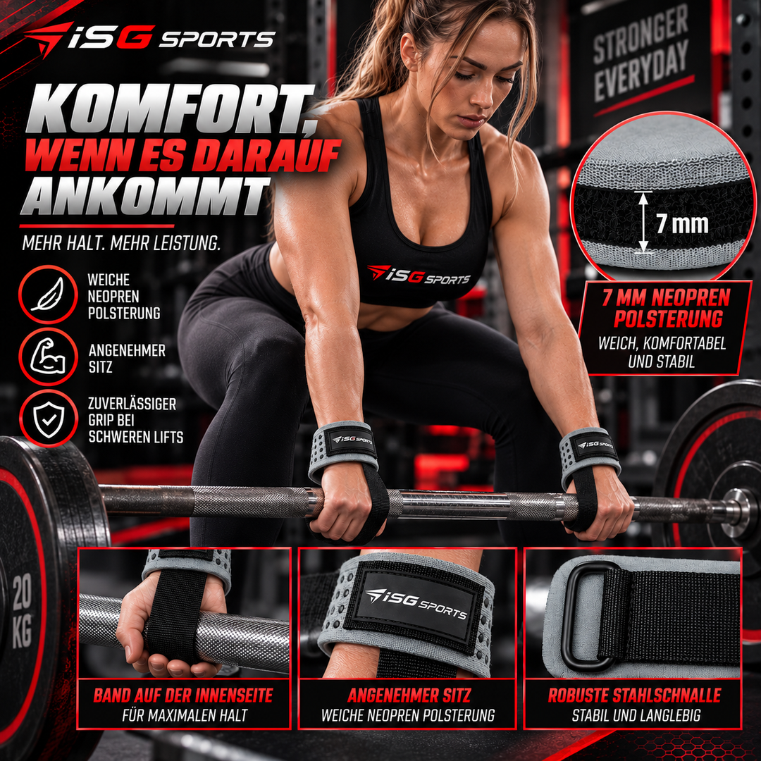 ISG Sports Weightlifting Wrist Straps Grau Non-Slip Handgelenkstraps für Weightlifting, Powerlifting &amp; Bodybuilding