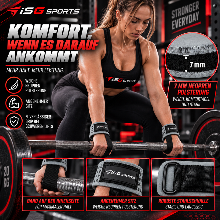 ISG Sports Weightlifting Wrist Straps Grau Non-Slip Handgelenkstraps für Weightlifting, Powerlifting &amp; Bodybuilding