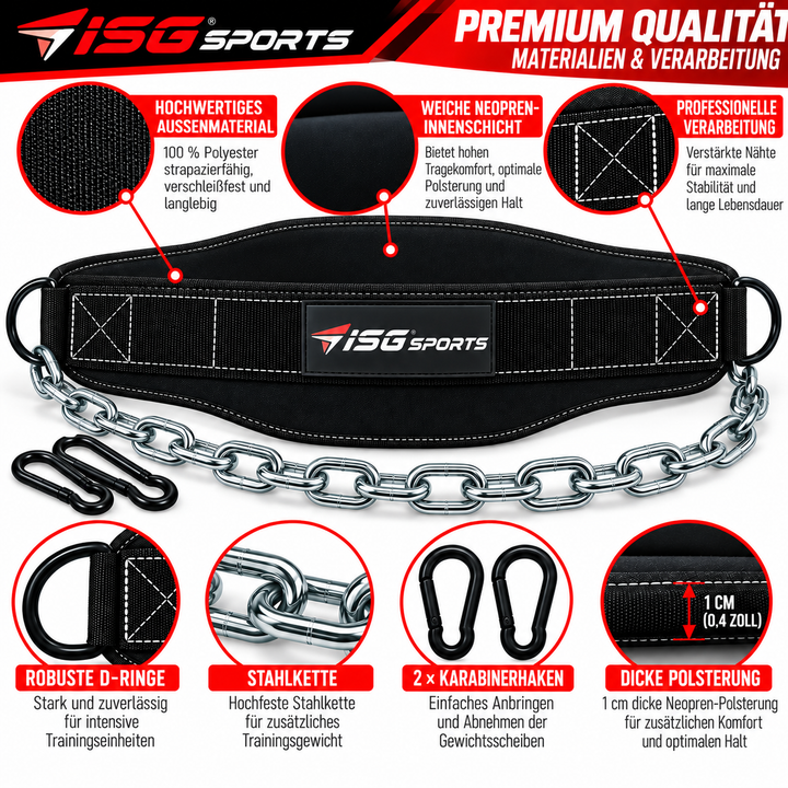 ISG Sports Dip Gürtel – 84 cm Länge, 10 cm Seitenbreite 100 % Polyester, Neopren, Stahlkette 80 cm &amp; 2 Karabiner – Für Dips &amp; Klimmzüge