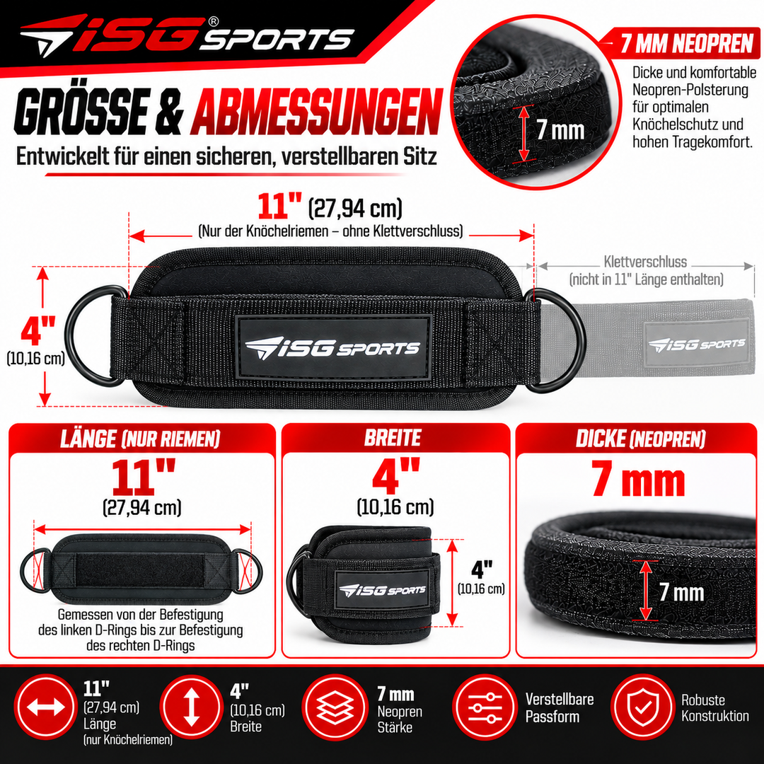 ISG Sports Schwarz Ankle Straps 7 mm Neopren, 27,94 cm Länge,Doppelte Stahl D-Ringe, Klettverschluss  Für Cross Training &amp; Beinpresse