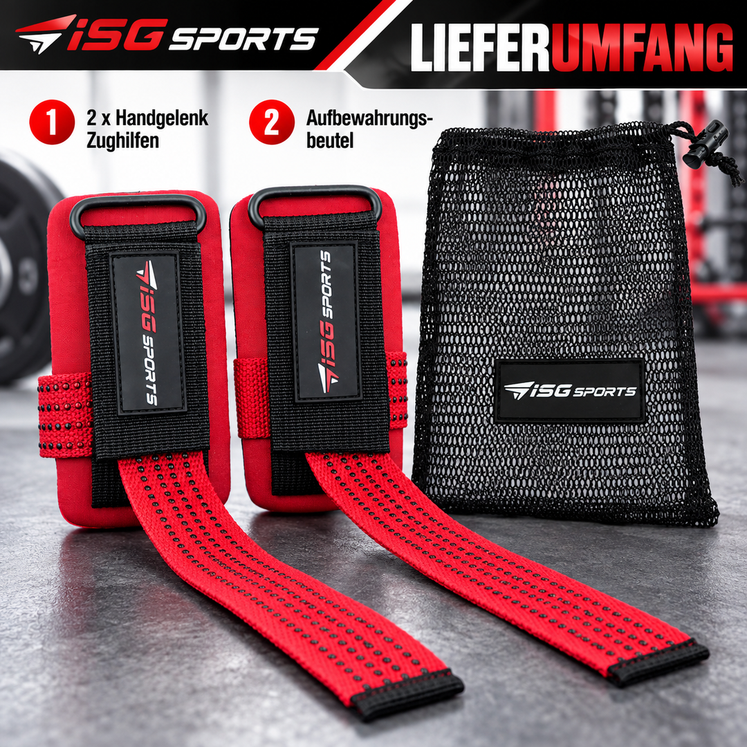 ISG Sports Non-Slip Weightlifting Wrist Straps in Rot Robustes Baumwollband &amp; starke Stahl-Schnalle Non-Slip Handgelenkstraps mit 7 mm Neopren