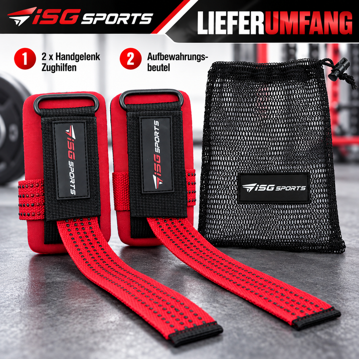ISG Sports Non-Slip Weightlifting Wrist Straps in Rot Robustes Baumwollband &amp; starke Stahl-Schnalle Non-Slip Handgelenkstraps mit 7 mm Neopren