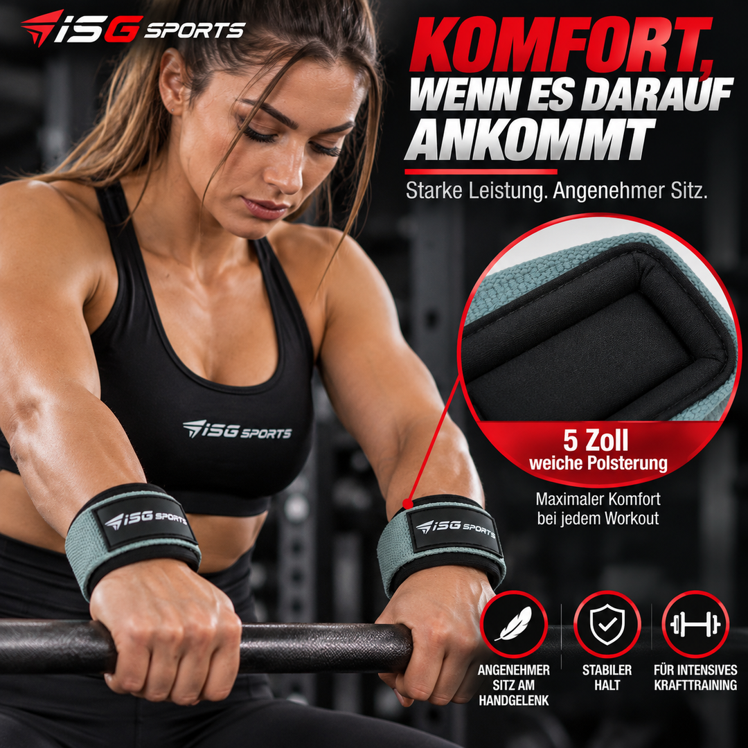 ISG Sports Lifting Straps Grau – Gel-Dotted Baumwoll-Handgelenkstraps für Deadlifts, Rows &amp; Zugübungen