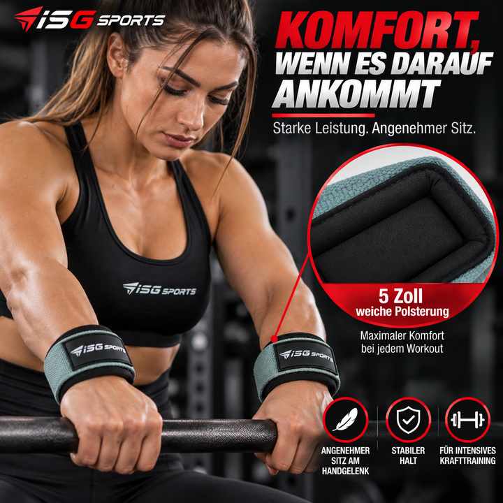 ISG Sports Lifting Straps Grau – Gel-Dotted Baumwoll-Handgelenkstraps für Deadlifts, Rows &amp; Zugübungen