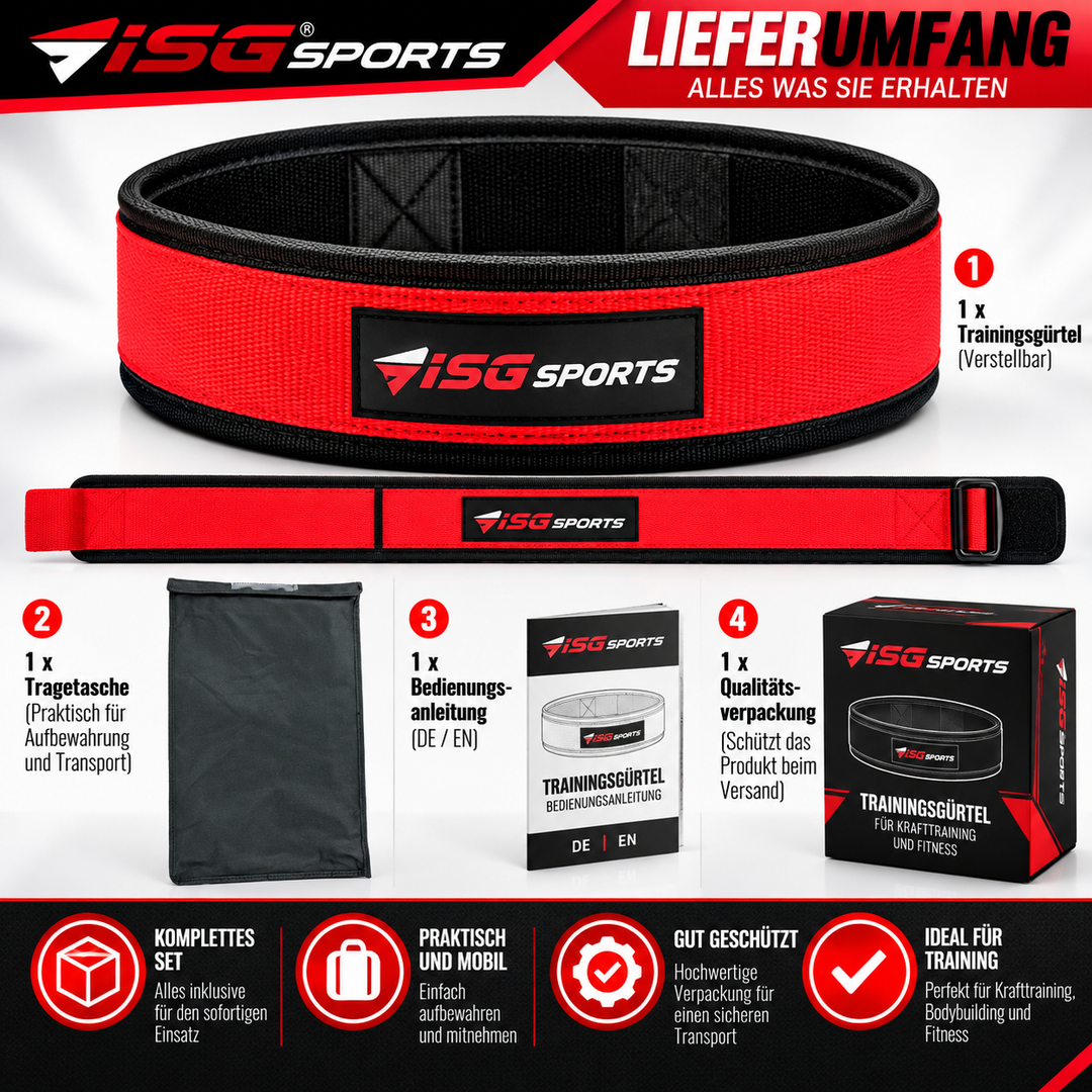 ISG Sports Nylon Rot Weightlifting Belt 95 cm Länge  Premium Nylon, Metall Schnalle &amp; Klettverschluss Für Gewichtheben, Krafttraining &amp; Powerlifting