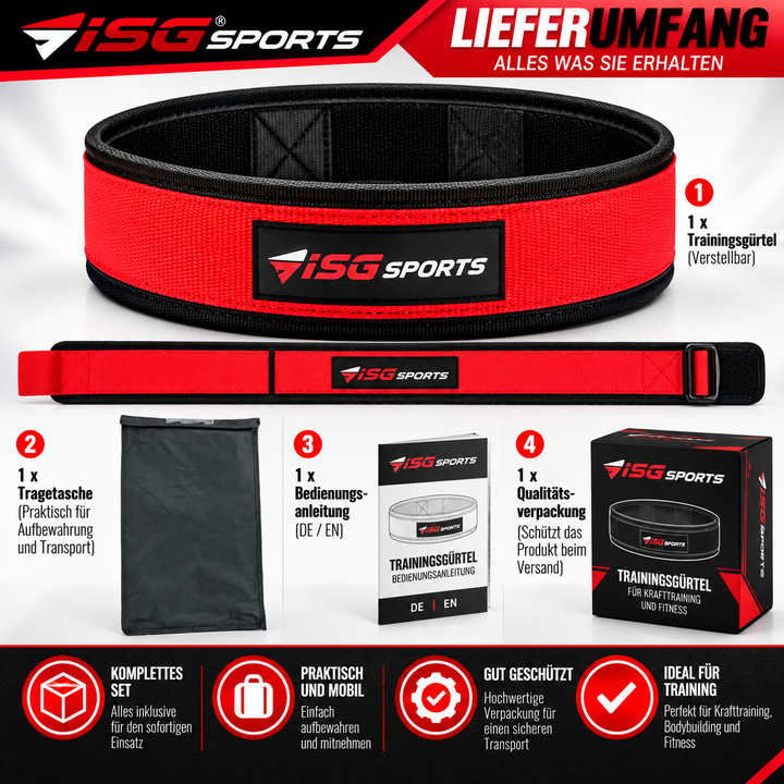 ISG Sports Nylon Rot Weightlifting Belt 95 cm Länge  Premium Nylon, Metall Schnalle &amp; Klettverschluss Für Gewichtheben, Krafttraining &amp; Powerlifting
