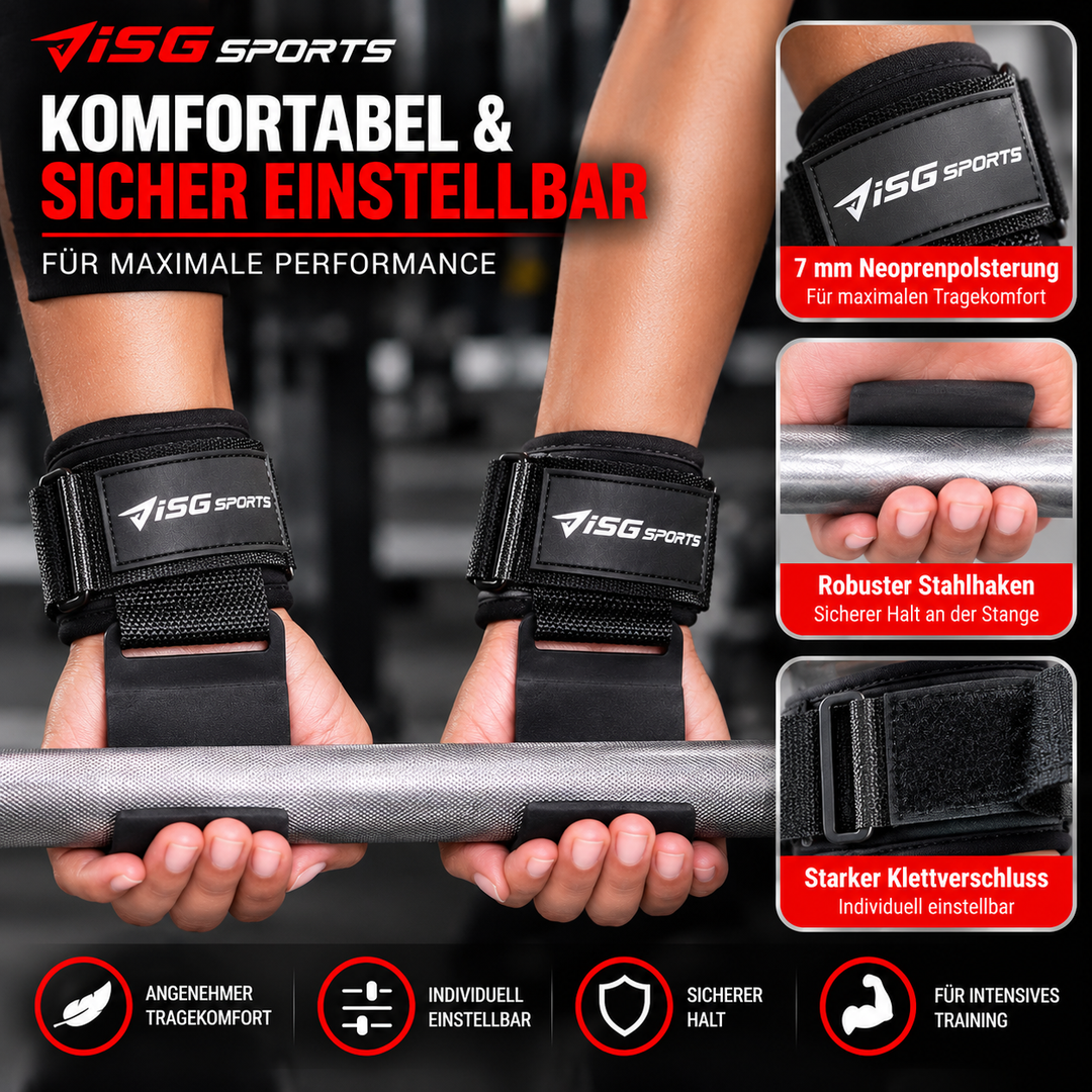 ISG sports Lifting Hooks Schwarz – Premium Hebehaken aus Stahl mit gepolsterten Handgelenkriemen – Griffhilfe für Kreuzheben, Rudern, Klimmzüge &amp; Krafttraining