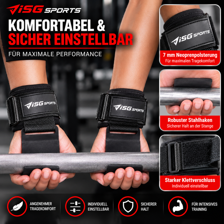 ISG sports Lifting Hooks Schwarz – Premium Hebehaken aus Stahl mit gepolsterten Handgelenkriemen – Griffhilfe für Kreuzheben, Rudern, Klimmzüge &amp; Krafttraining