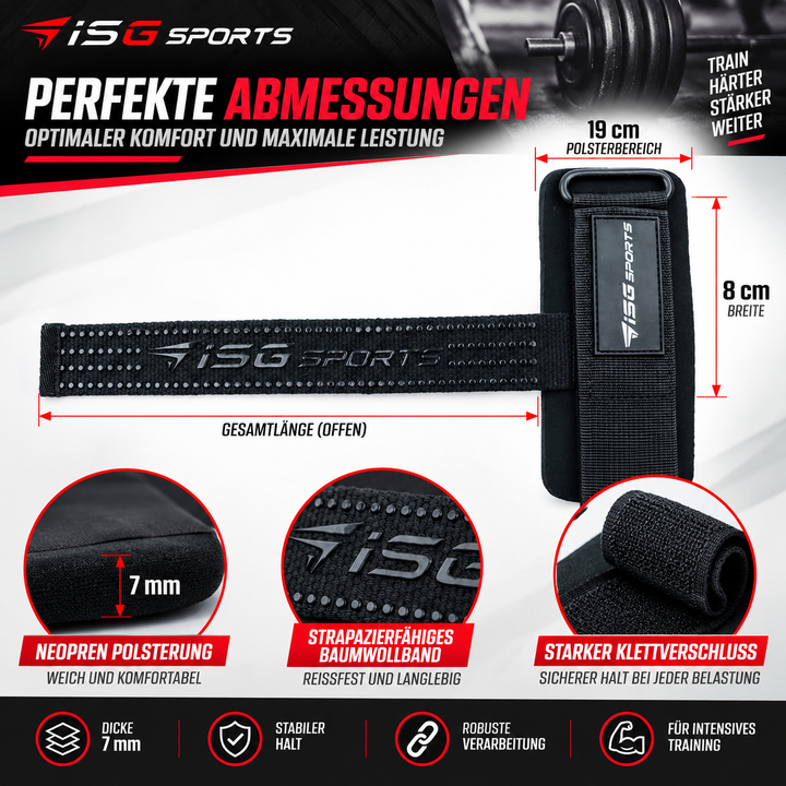 ISG Sports Weightlifting Straps Schwarz Non-Slip Handgelenkstraps mit Stahlschnalle &amp; 7 mm Polsterung maximale Kontrolle