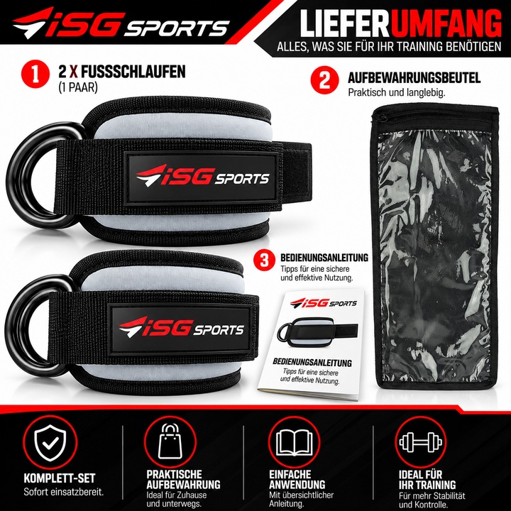ISG Sports Graue Knöchel Straps 7 mm Neopren 28 cm Länge,Robuste Stahl D-Ringe &amp; Klettverschluss  Für Beintraining, Po-Straffung &amp; Kabelübungen