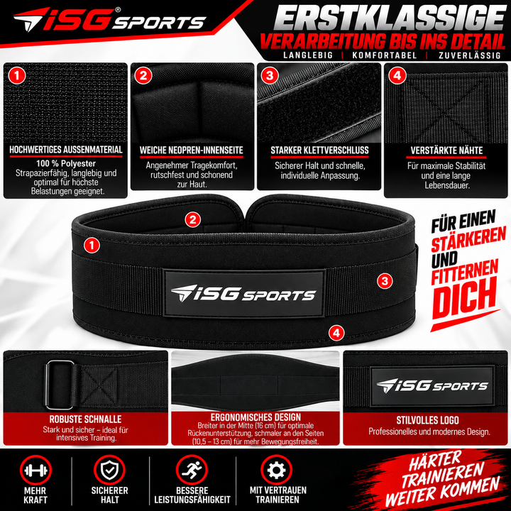 ISG Sports Premium Schwarz Weightlifting Belt 100 % Polyester &amp; Neopren – 94 cm Länge, 16 cm Rückenbreite Klettverschluss Für Powerlifting, CrossFit &amp; Krafttraining