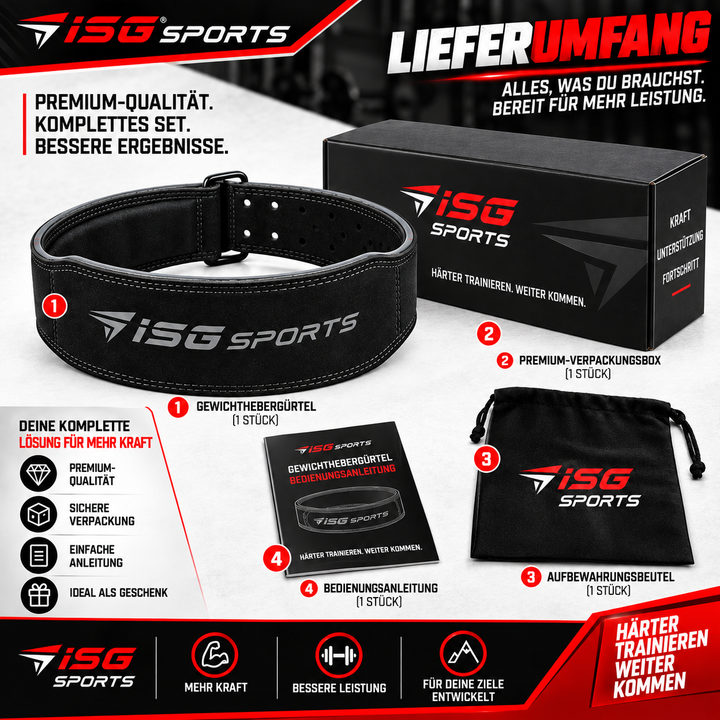 ISG Sports Einfach-Dorn Leder Hebegürtel – 4" Breit Premium Leder – Robust &amp; Langlebig für Powerlifting, Kniebeugen &amp; Kreuzheben