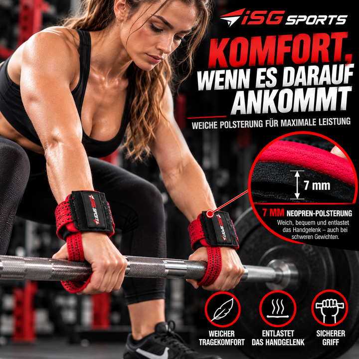 ISG Sports Non-Slip Weightlifting Wrist Straps in Rot Robustes Baumwollband &amp; starke Stahl-Schnalle Non-Slip Handgelenkstraps mit 7 mm Neopren