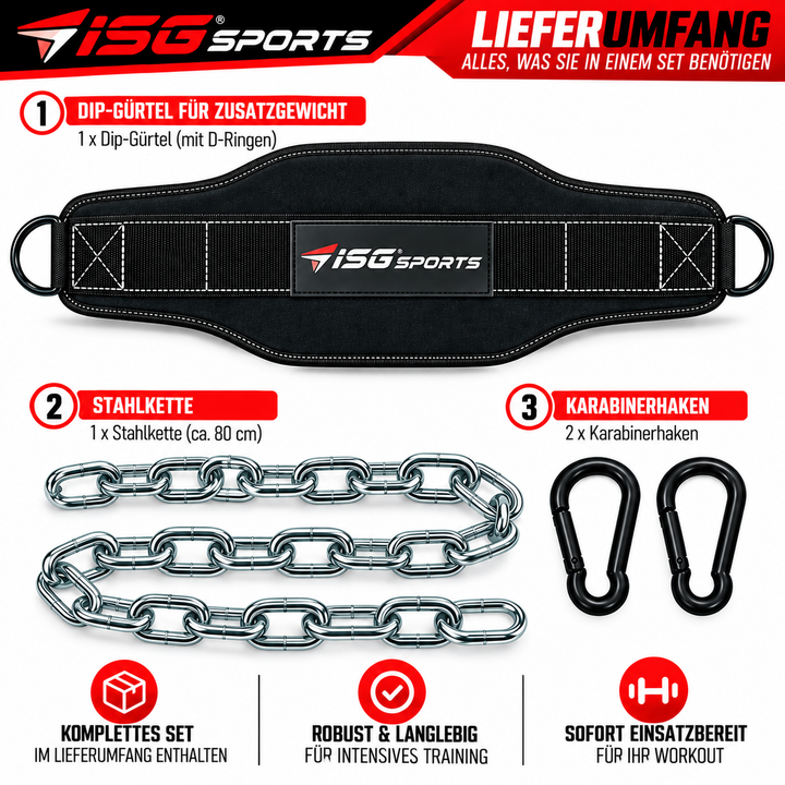 ISG Sports Dip Gürtel – 84 cm Länge, 10 cm Seitenbreite 100 % Polyester, Neopren, Stahlkette 80 cm &amp; 2 Karabiner – Für Dips &amp; Klimmzüge