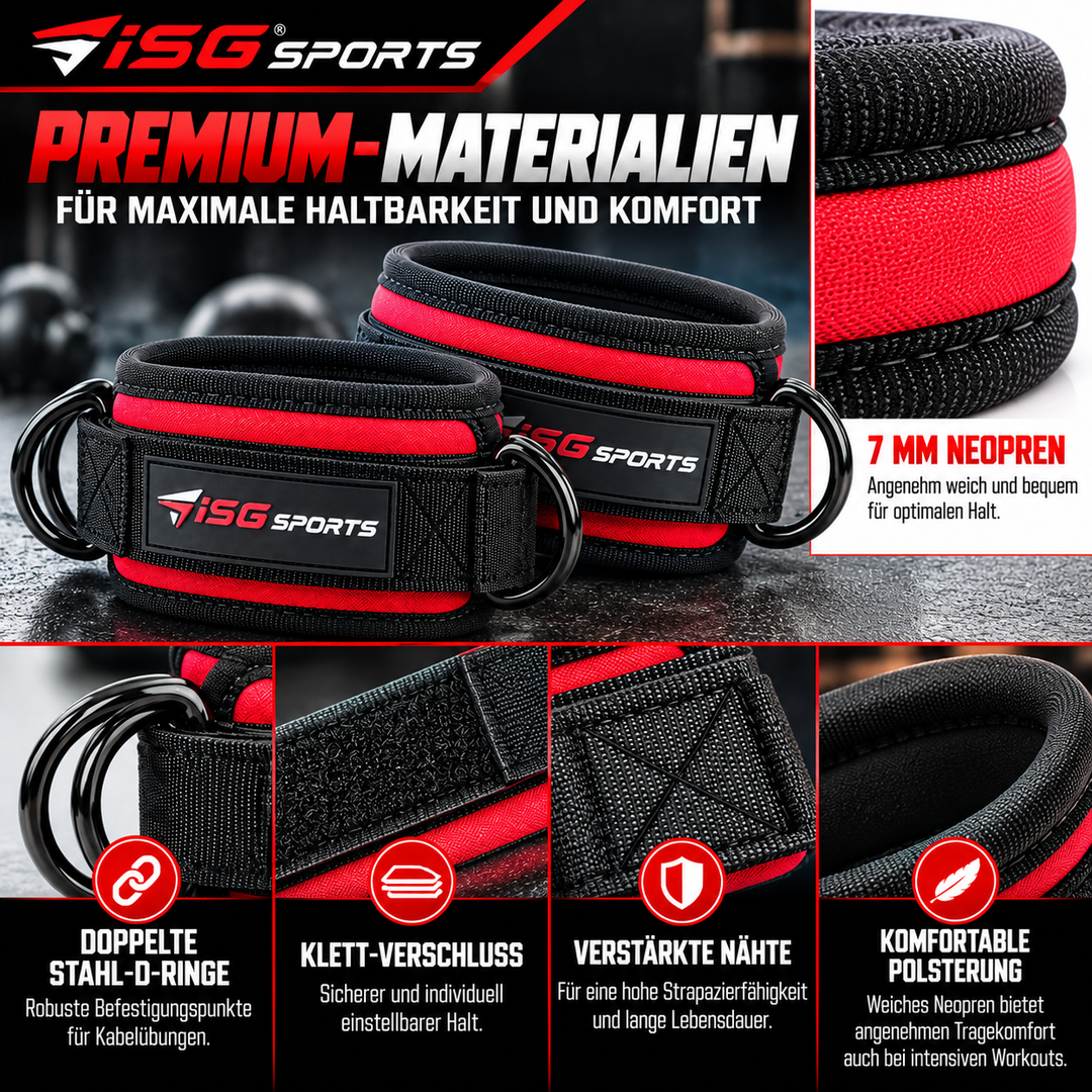 ISG Sports Rote Knöchel Straps 7mm Neopren 27,94 cm Länge, Doppelte Stahl-D-Ringe &amp; Klettverschluss Perfekt Für Glute Kickbacks, Hip Abductions &amp; Cable Leg Exercises Kniebeugen
