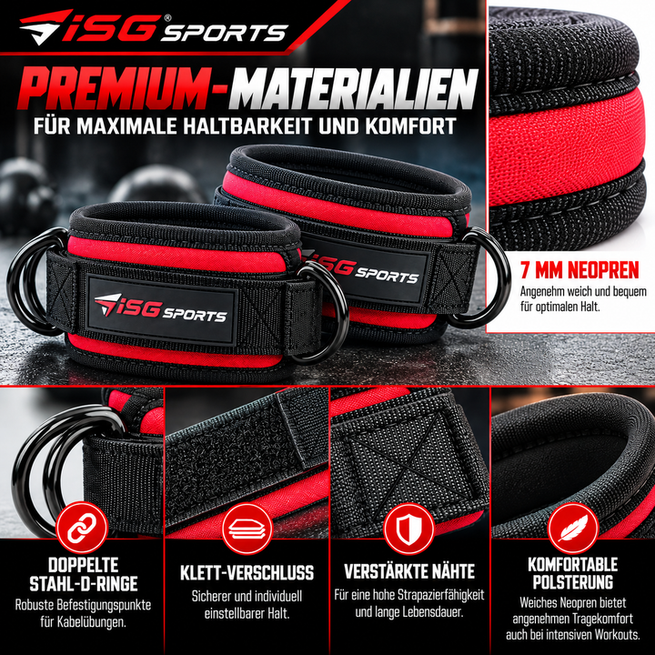 ISG Sports Rote Knöchel Straps 7mm Neopren 27,94 cm Länge, Doppelte Stahl-D-Ringe &amp; Klettverschluss Perfekt Für Glute Kickbacks, Hip Abductions &amp; Cable Leg Exercises Kniebeugen