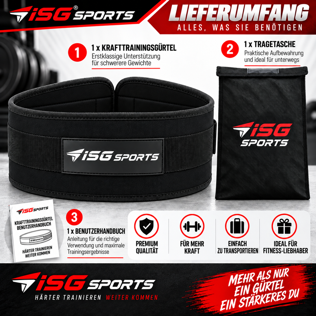 ISG Sports Premium Schwarz Weightlifting Belt 100 % Polyester &amp; Neopren – 94 cm Länge, 16 cm Rückenbreite Klettverschluss Für Powerlifting, CrossFit &amp; Krafttraining