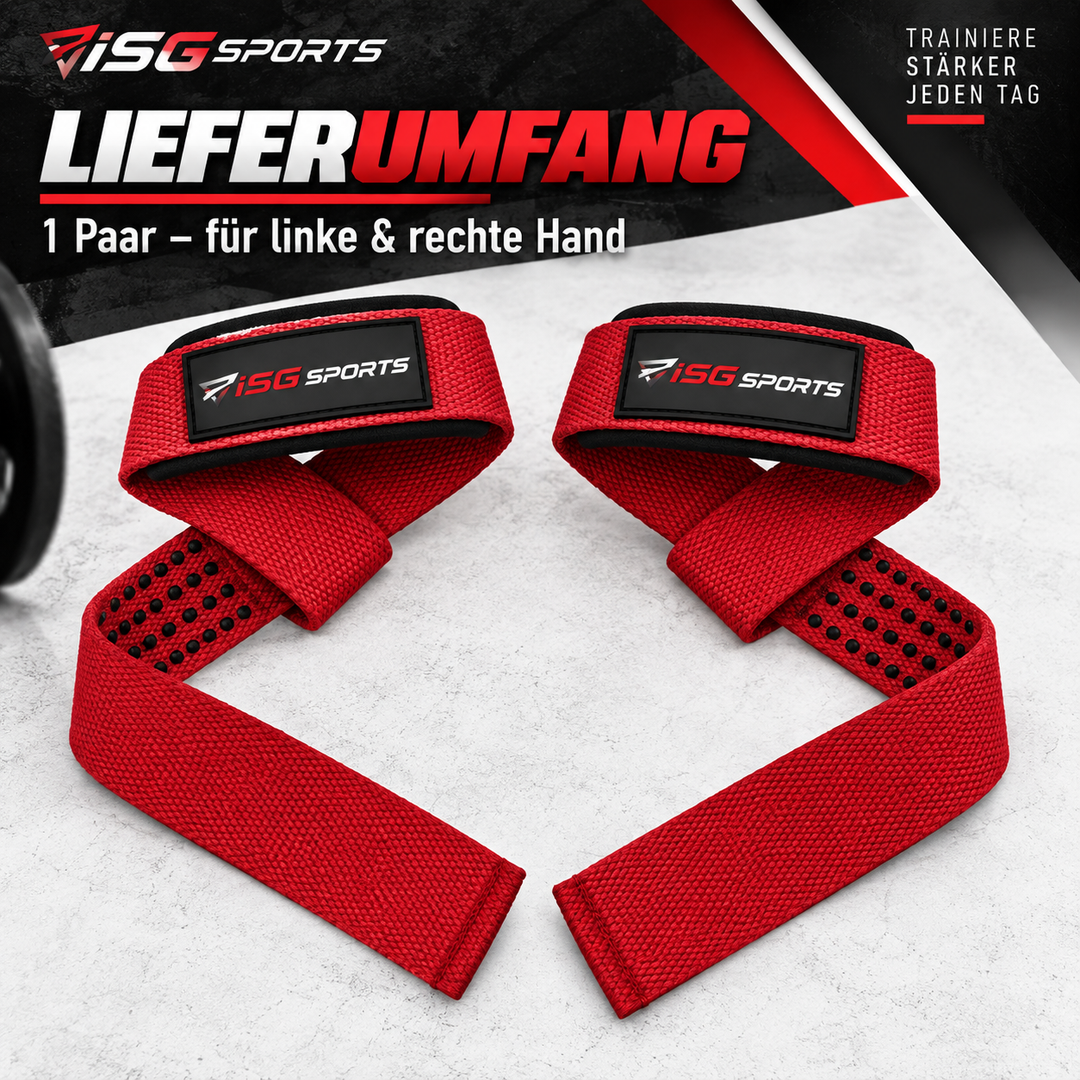 ISG Sports Lifting Straps Rot Handgelenkstraps mit Grip-Punkten für Deadlifts, Rows &amp; Zugübungen Komfort &amp; maximale Leistung