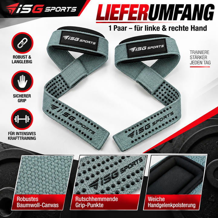 ISG Sports Lifting Straps Grau – Gel-Dotted Baumwoll-Handgelenkstraps für Deadlifts, Rows &amp; Zugübungen